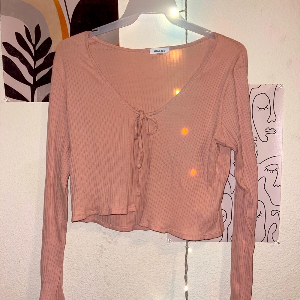 Light Pink/Orange Long Sleeve Cropped Sweater with Tie Front